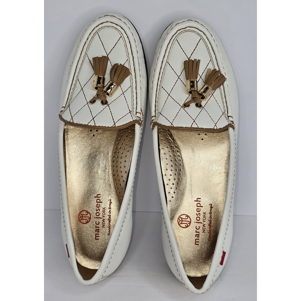 marc joseph NY White Leather Tasseled Gold Accent WALL ST GOLF loafers SZ: 8 EUC - Picture 2 of 7